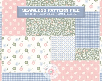 Nahtloses Patchwork-Muster im Cottagecore-Stil, digitales Papier mit floralem Vichy-Karo, Schnellquilt in Rosa-Salbei-Blau