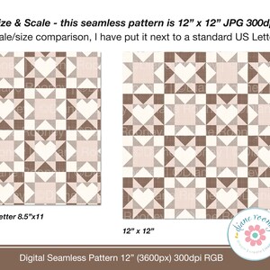 May include: Digital seamless pattern in neutral tones, featuring a repeating design of hearts and geometric shapes. The pattern is 12" x 12" and is shown next to an 8.5" x 11" US Letter size for scale comparison. The image includes the text "Size & Scale" and "Digital Seamless Pattern 12".