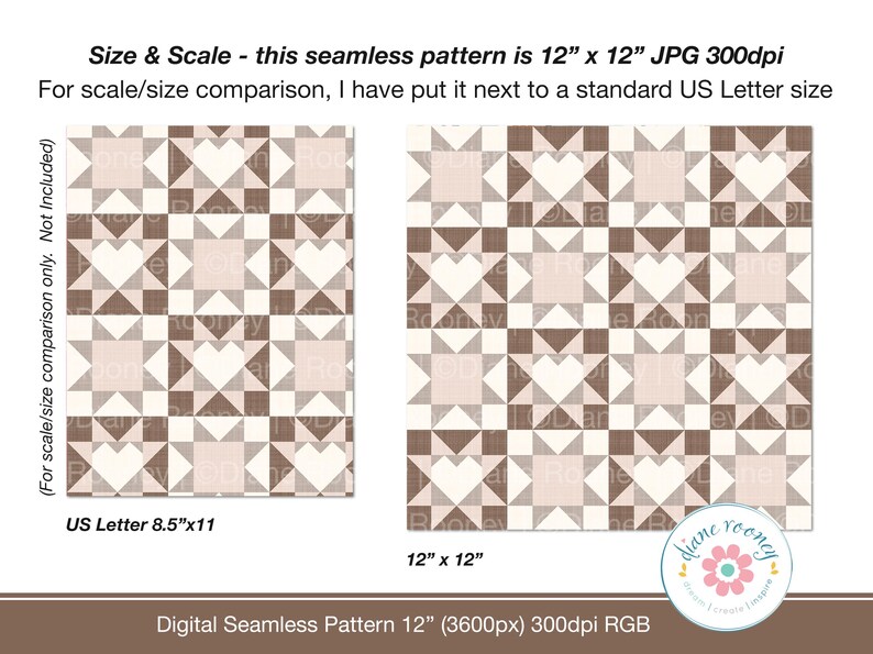 May include: Digital seamless pattern in neutral tones, featuring a repeating design of hearts and geometric shapes. The pattern is 12" x 12" and is shown next to an 8.5" x 11" US Letter size for scale comparison. The image includes the text "Size & Scale" and "Digital Seamless Pattern 12".