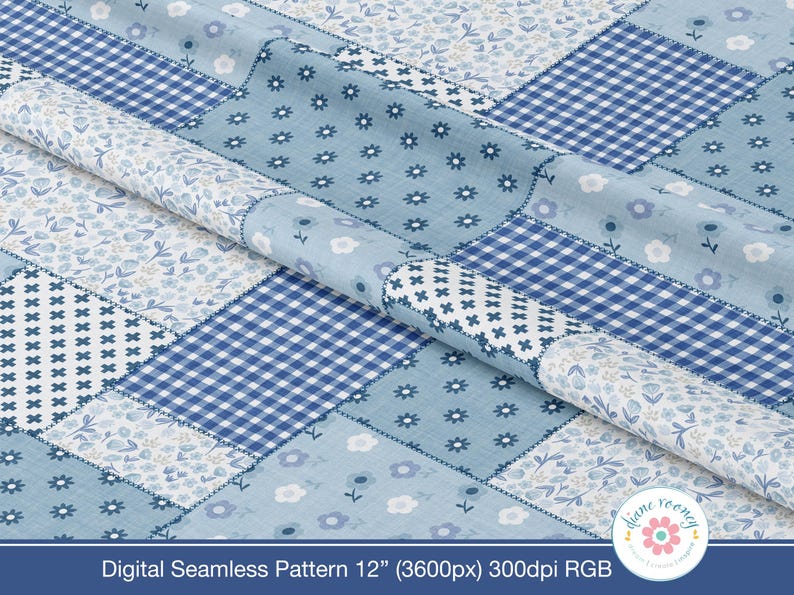 May include: A digital seamless pattern featuring a patchwork design of blue and white squares. The squares contain various floral motifs, gingham checks, and small cross patterns. The text at the bottom reads: Digital Seamless Pattern 12&rdquo; (3600px) 300dpi RGB.