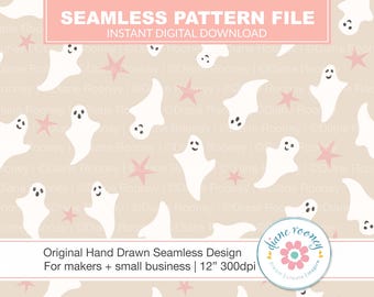Pastel Ghosts Seamless Pattern, Pink Stars, Kids Halloween Fabric Print Design Digital Download