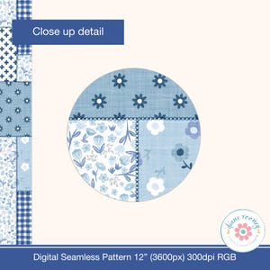 May include: A digital seamless pattern featuring a patchwork design of blue and white floral, gingham, and cross-stitch motifs. The image includes a circular close-up detail, the text "Close up detail", and "Digital Seamless Pattern 12" (3600px) 300dpi RGB".