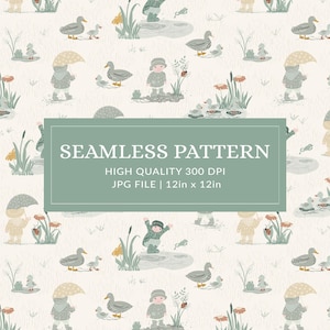 Op de afbeelding: Naadloos patroon met illustraties van eenden, kinderen met paraplu's en kikkers in een vijver. Het ontwerp bevat de tekst "SEAMLESS PATTERN" en is 30,48 cm bij 30,48 cm.