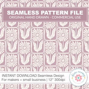 May include: A seamless pattern file with a repeating floral design. The pattern features white daisy-like flowers and leaves set against a muted mauve background. Text at the top reads "SEAMLESS PATTERN FILE". The bottom text says "INSTANT DOWNLOAD Seamless Design".