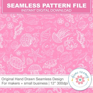 Cute Pink Ocean Seamless File for Fabric Seamless Pattern Rock Pool Beach Sea Life Repeat Pattern Little Girls Hand Drawn Crab Starfish