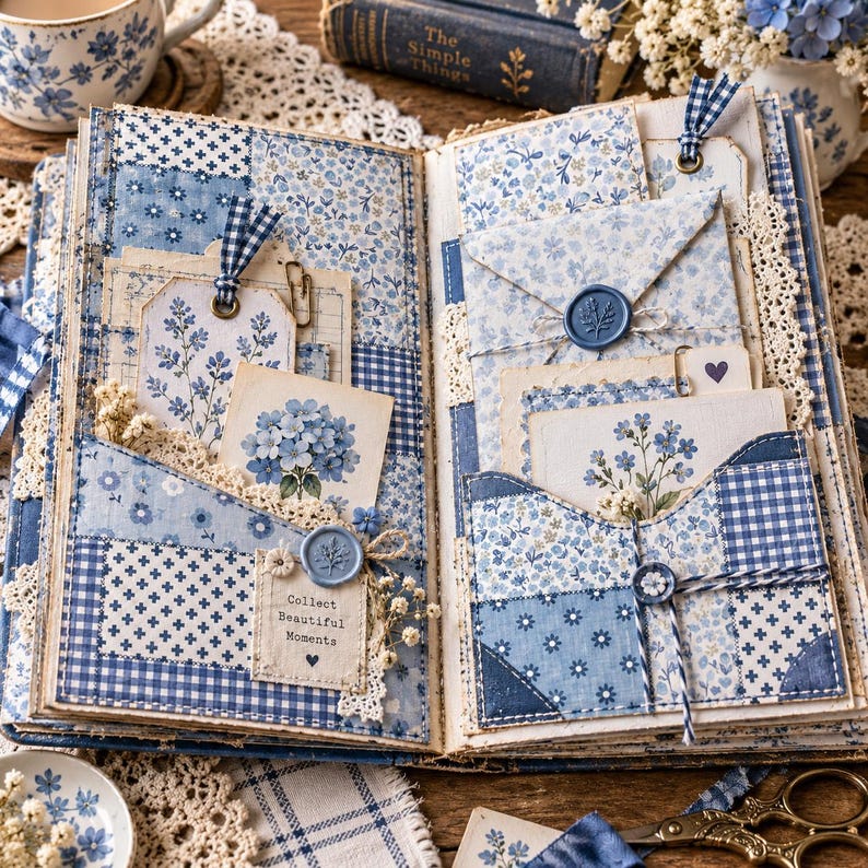 May include: An open scrapbook featuring blue and white patchwork fabric pages with pockets. It contains floral-patterned cards, tags with blue gingham ribbons, lace trim, and blue wax seals. One card features the text Collect Beautiful Moments.