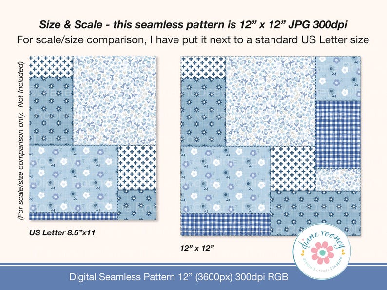 May include: A digital seamless pattern featuring a patchwork design of light blue and white floral, gingham, and geometric motifs. Text includes: Size & Scale - this seamless pattern is 12" x 12" JPG 300dpi, US Letter 8.5"x11, and 12" x 12".