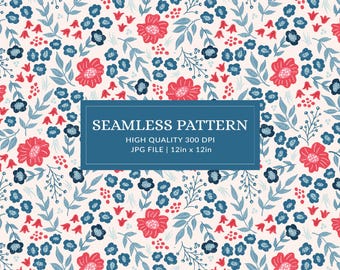 Patriotic Floral Seamless Pattern for Fabric Red White Blue Digital Print Summer July 4th