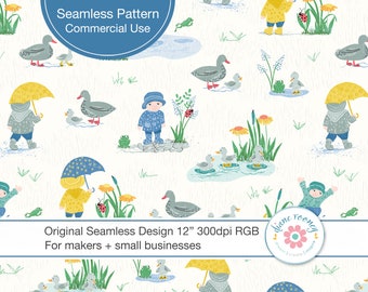 Kids Splashing in Puddles Seamless Pattern Digital Download Rainy Day Seamless File for Kids Ducks Splashing Commercial Use Kids Playing