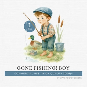 Little Boy Fishing Clipart Vintage PNG Watercolor Nursery Art Digital Download