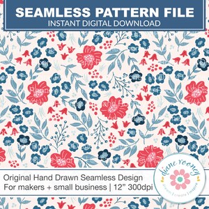 Red White and Blue Floral Seamless Pattern for Fabric Summer July 4th Repeat Digital Download Coastal Patriotic Floral Seamless File