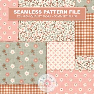 Puede incluir: Un archivo de patrón sin costuras con un diseño de patchwork de motivos florales, de cuadros y de cruces en tonos rosa, verde salvia y terracota. El texto dice SEAMLESS PATTERN FILE 12in HIGH QUALITY 300dpi - COMMERCIAL USE.