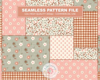 Patchwork Seamless Pattern, Western Boho Style Ditsy Floral Gingham Digital Paper,  Pieced Cheater Quilt