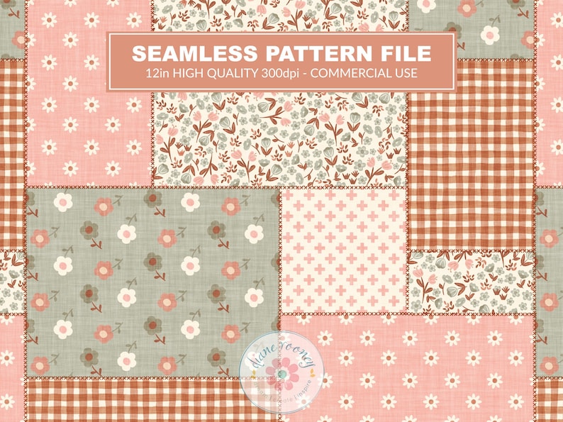 K&ouml;nnte beinhalten: Eine nahtlose Musterdatei mit einem Patchwork-Design aus Blumen-, Vichy- und Kreuzmotiven in Rosa, Salbeigr&uuml;n und Terrakotta. Der Text lautet SEAMLESS PATTERN FILE 12in HIGH QUALITY 300dpi - COMMERCIAL USE.