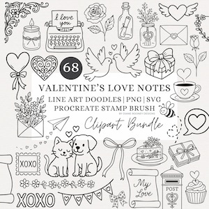 May include: A selection of black and white line art doodles with a Valentine's Day theme. The image includes hearts, doves, roses, a typewriter with "I love you", and the text "Valentine's Love Notes Clipart Bundle".