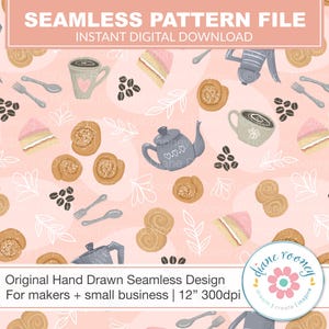 Coffee and Cake Seamless File Digital Download Fika Seamless Pattern for Fabric Coffee Pot and Cups Repeat Pattern Cinnamon Sweet Treats