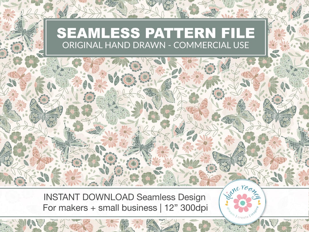Butterfly Seamless Pattern File Cottagecore Boho Floral for Fabric Sage ...