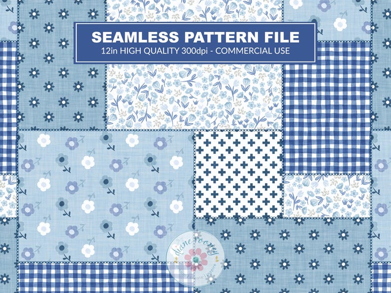 May include: A digital seamless pattern file featuring a patchwork design of blue and white fabrics. The patterns include small daisies, tiny floral sprigs, a blue and white gingham check, and a grid of small crosses. Text reads: SEAMLESS PATTERN FILE 12in HIGH QUALITY 300dpi - COMMERCIAL USE.
