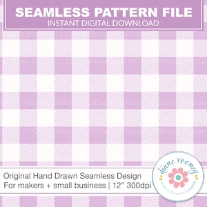 May include: A seamless pattern file for digital download featuring a light purple and white gingham pattern. The pattern is 12 inches and 300 dpi. The text "SEAMLESS PATTERN FILE" and "INSTANT DIGITAL DOWNLOAD" is at the top of the image. The text "Original Hand Drawn Seamless Design" and "For makers + small business | 12" 300dpi" is at the bottom of the image. A small circle with the text "diane rooney" is in the bottom right corner of the image.