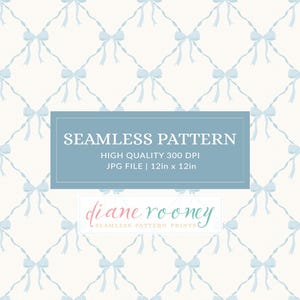 Könnte beinhalten: Nahtloses Musterdesign mit einem sich wiederholenden Muster aus hellblauen Schleifen auf cremefarbenem Hintergrund. Die Schleifen sind durch ein zartes bandartiges Design verbunden. Das Bild enthält Text, der "SEAMLESS PATTERN" und "12in x 12in" (ca. 30cm x 30cm) lautet.