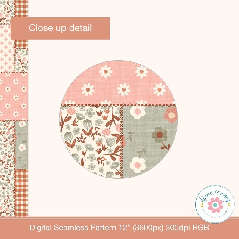 K&ouml;nnte beinhalten: Ein digitales nahtloses Muster mit einem Patchwork-Design aus Blumen- und Vichy-Karomustern in Rosa, Salbeigr&uuml;n und Creme. Das Bild enth&auml;lt ein kreisf&ouml;rmiges Detail-Nahaufnahme und den Text Digital Seamless Pattern 12" 3600px 300dpi RGB.