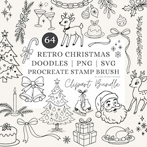 May include: Black and white line art Christmas-themed clipart bundle. Includes illustrations of a Christmas tree, Santa Claus, reindeer, ornaments, gifts, and text that reads "Retro Christmas Doodles | PNG | SVG Procreate Stamp Brush Clipart Bundle".