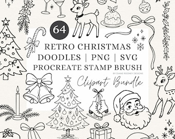 May include: Black and white line art Christmas-themed clipart bundle. Includes illustrations of a Christmas tree, Santa Claus, reindeer, ornaments, gifts, and text that reads "Retro Christmas Doodles | PNG | SVG Procreate Stamp Brush Clipart Bundle".