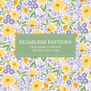 Floral Seamless Pattern, Purple Yellow Wildflower Cottagecore Digital Print (JPG File)