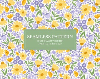Estampado floral sin costuras, estampado digital estilo cottagecore de flores silvestres moradas y amarillas (archivo JPG)