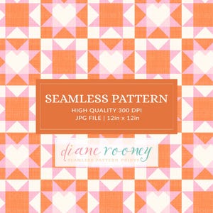 Western Patchwork Seamless Pattern for Fabric Heart Quilt Block Pink Orange White Digital Download