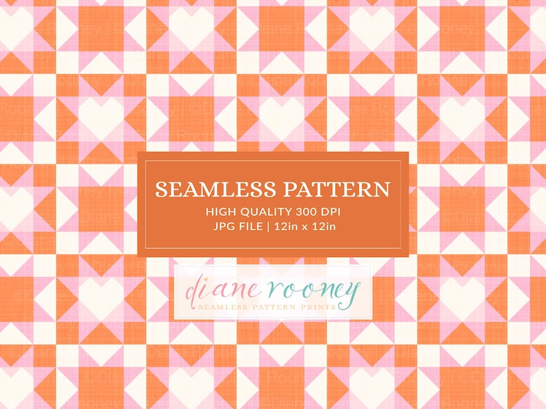 Western Patchwork Seamless Pattern für Stoff Herz Quilt Block Pink Orange Weiß Digital Download Bild 1