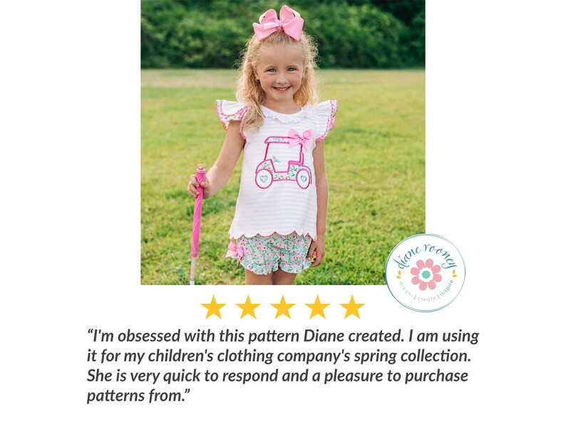 May include: A white short-sleeved shirt with a pink golf cart graphic and a pink bow, paired with floral print shorts featuring a ruffled hem. The outfit includes a large pink hair bow and a pink accessory held in one hand.