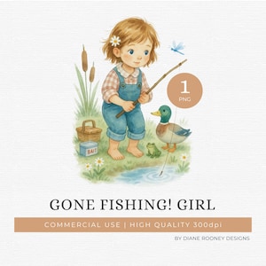 Little Girl Fishing Clipart PNG Vintage Children’s Clip Art Countryside Nursery Art Digital Download
