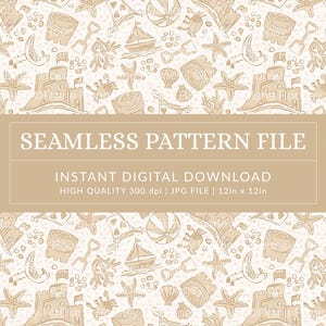 Beach Toile Seamless Pattern Digital Download Doodle Monochromatic Seamless File for Fabric Summer Fun for Kids Printable JPG Neutral Beige