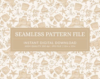 Beach Toile Seamless Pattern Print for Fabric Beige Kids Summer Doodles JPG Digital Download