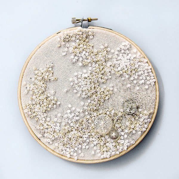 Pure White - Embroidered Hoop Art - French Knots and Vintage Buttons