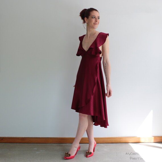 burgundy silk wrap dress