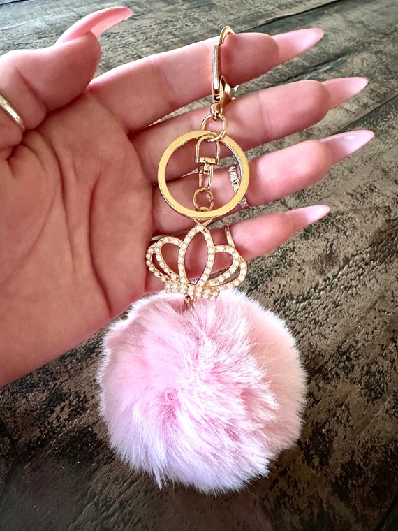 KyleighsCreations Pink Puff Ball Keychain, Tiara Keychain, Fluff Ball Keychain