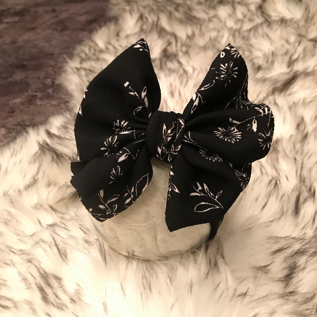 Black Floral Head Wrap, Big Bow Head Wrap, Bow Turban, Floral Black