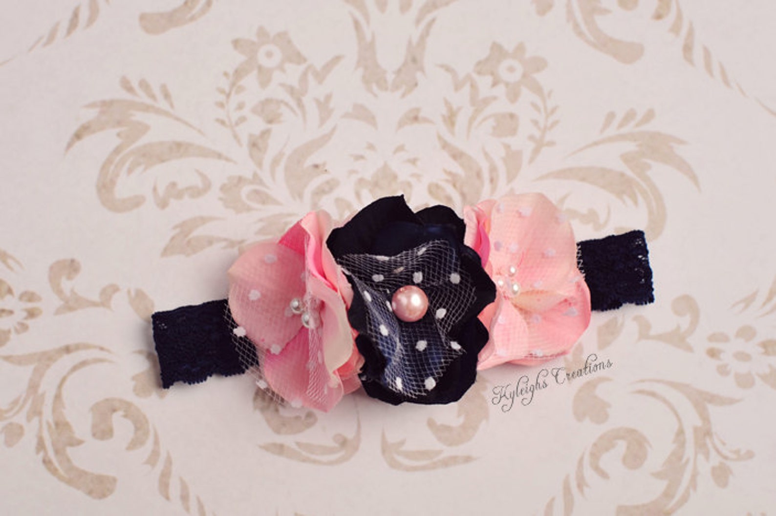 Pink and Navy baby headband flower headband pink headband Etsy
