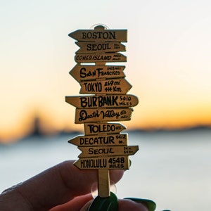 May include: A small, gold-colored signpost with multiple directional arrows pointing in various directions. Each arrow is labeled with a city name and distance in miles, including Boston, Seoul, San Francisco, and Honolulu. The background is a blurred sunset over water.