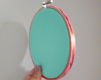 6 inch Teal Faux Leather Fabric with Peachy Pink Gold Iridescent finish pin display embroidery hoop