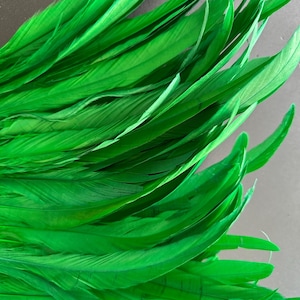 May include: Close-up of a collection of bright green feathers. The feathers are layered, creating a textured appearance. The vibrant green color dominates the image, suggesting a decorative or craft item.