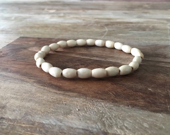 Men's & Women's Beaded Bracelet with Off-White Wood Beads 8mm Wide Unisex Wood Beaded Bracelet