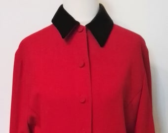 Ladies Viyella Red Coat with Black Velvet Lapels 1970's Vintage