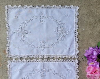 Pair of Vintage Linen Placemats Embroidered Roses & Flowers with Crocheted Border Duchess Vanity Tray Cloth Floral Handworked Runner Mat Set