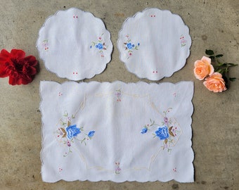 Vintage Linen Dresser Set Embroidered Roses & Flowers Duchess Vanity Cloth Tray Cloths Floral Handworked Embroidery Runner and Mat Set Blue