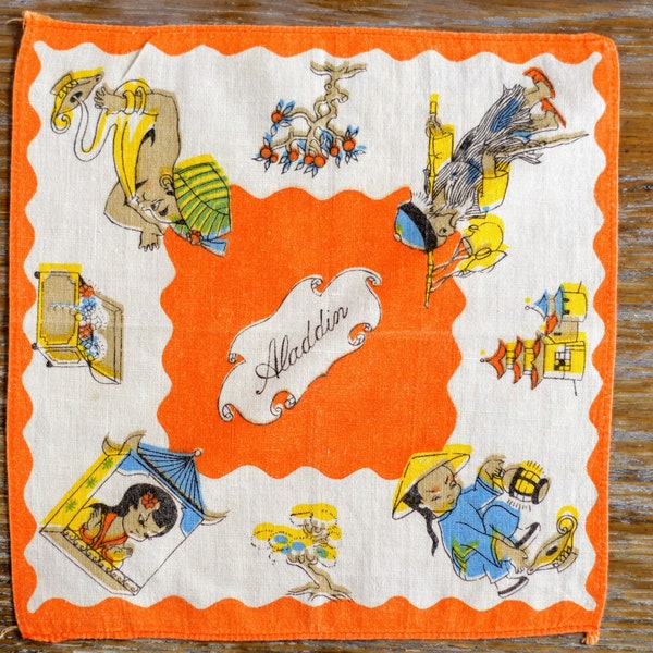 Adorable Vintage Childs Handkerchief Aladdin's Cave Printed Colourful Disney Characters Kids Hanky with embroidered personalization option