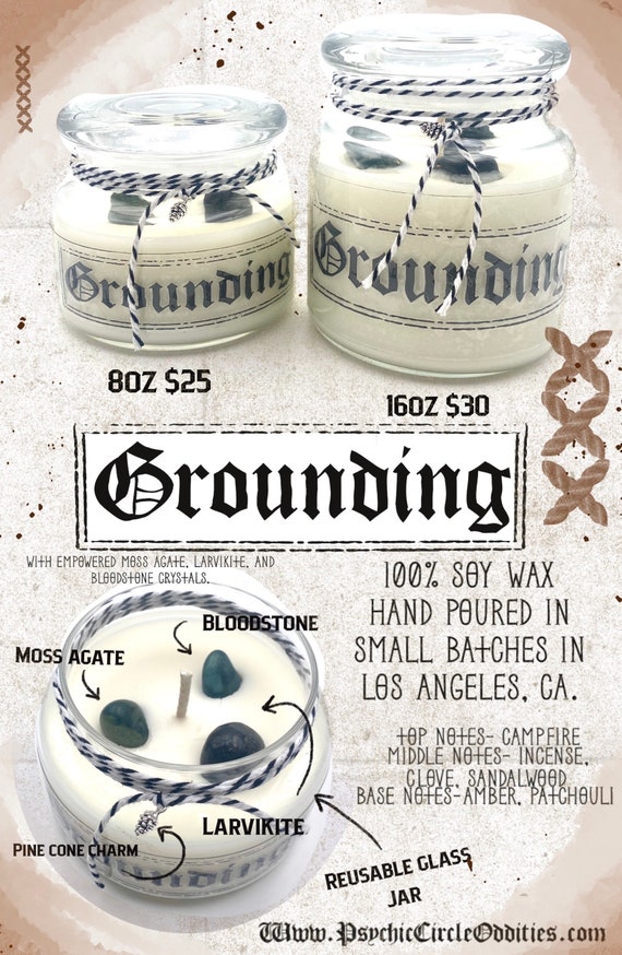 Grounding candle- Smoke and incense scented with moss agate, larvikite, and bloodstone crystals