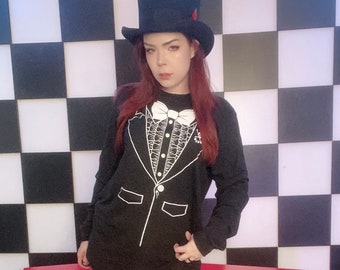 All dressed up and nowhere to go- long sleeve gothic tuxedo shirt! Unisex! Great goth alternative t-shirt